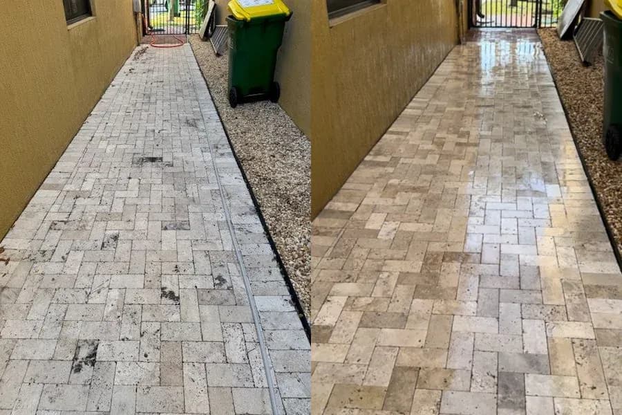 Before and after Paver Walkway Cleaning by TitanFlow Exteriors